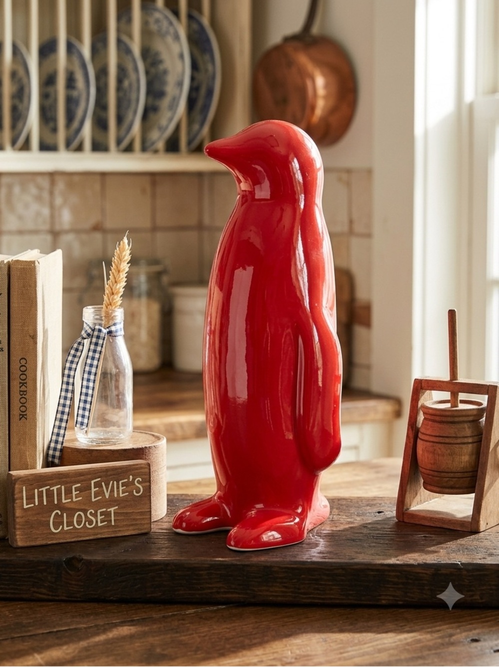Bright Red Ceramic Penguin Accent Figurine